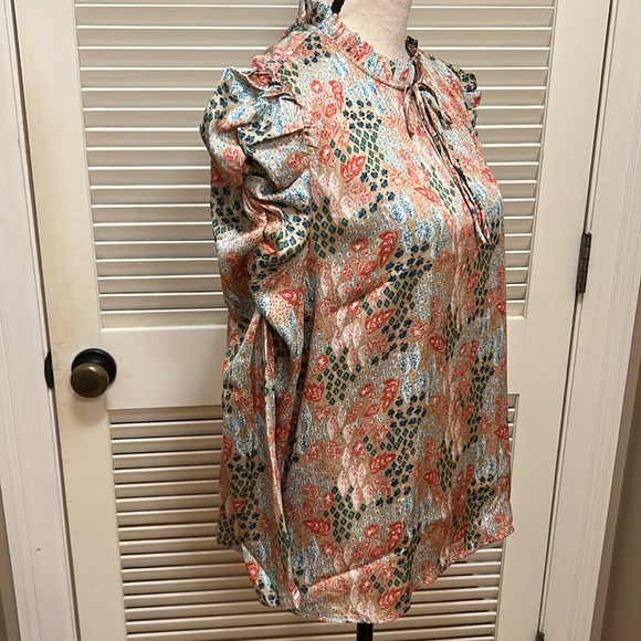 Loft Garden Cinched Sleeve Ruffle Tie Neck Mixed Media Top in Sandy Cove - Picture 9 of 16